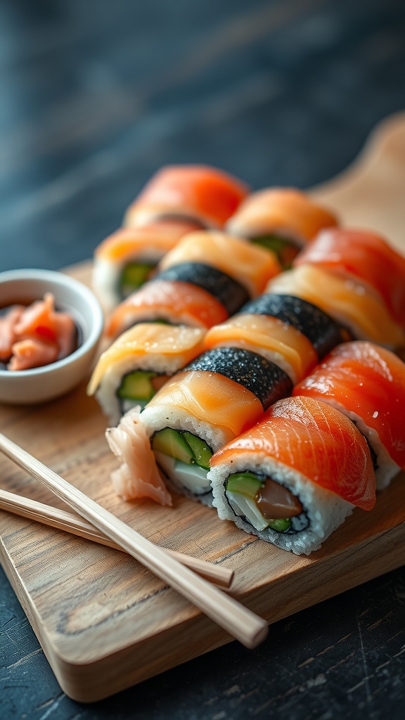 Plated sushi roll with fresh fish and vegetables, soy sauce, and pickled ginger on a wooden board.